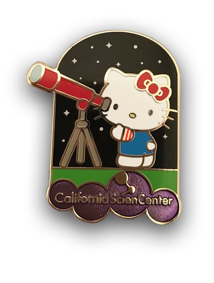 Hello Kitty looks through a telescope on this Science Center pin.