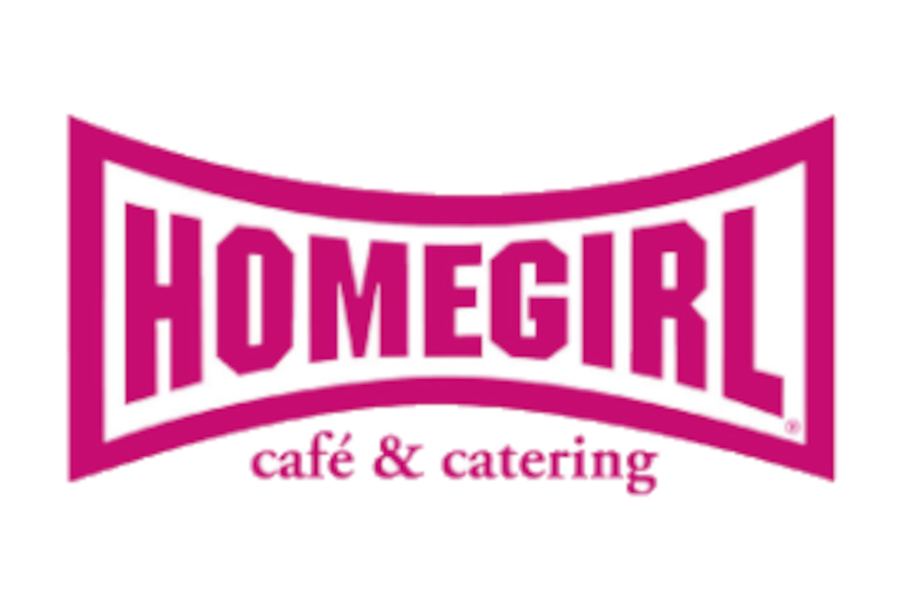 Text reads Homegirl in pink block text with stylized outline above cafe and catering in smaller pink text