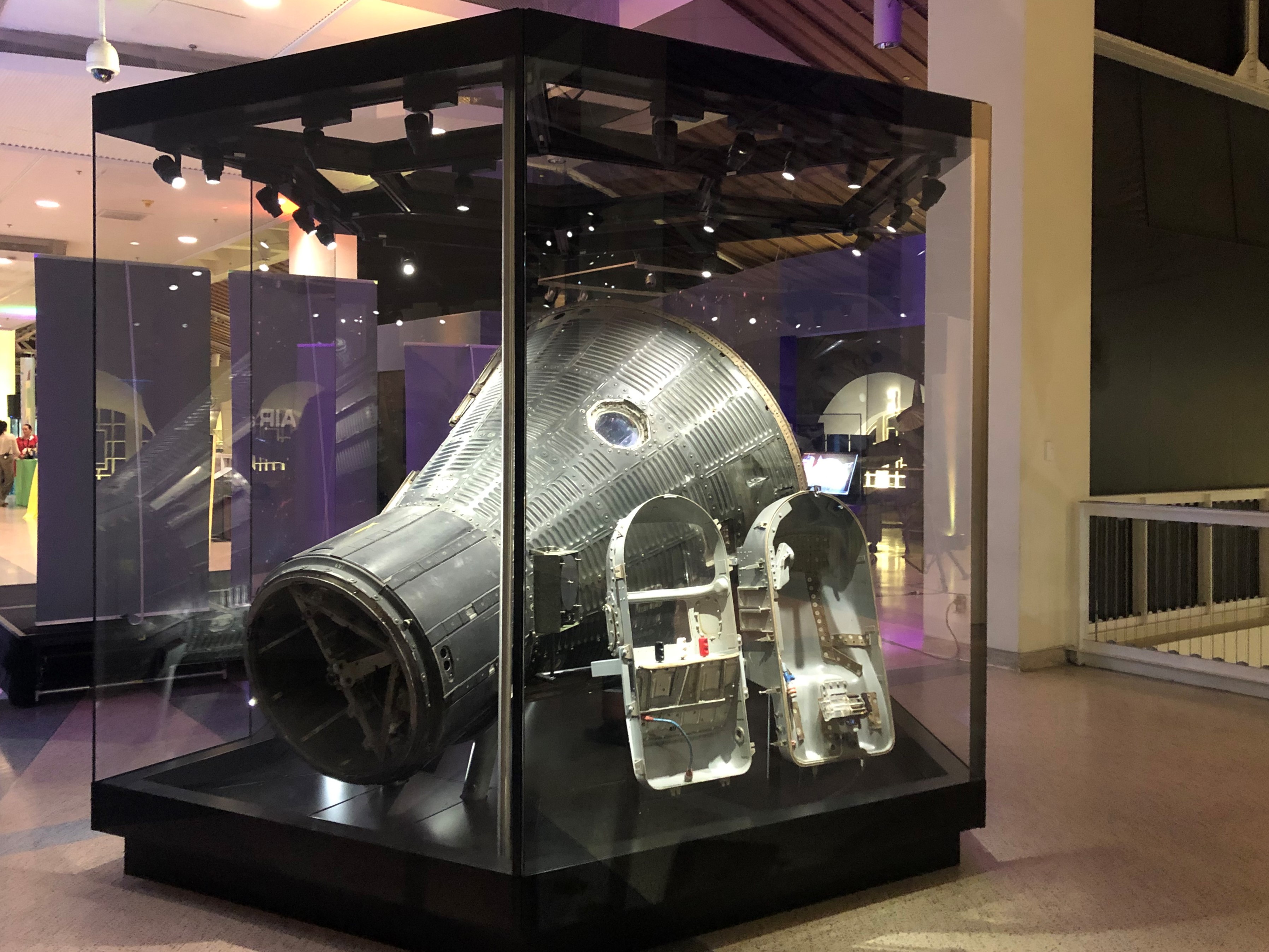 Mercury-Redstone 2 capsule and chimpanzee flight couch on display at the California Science Center