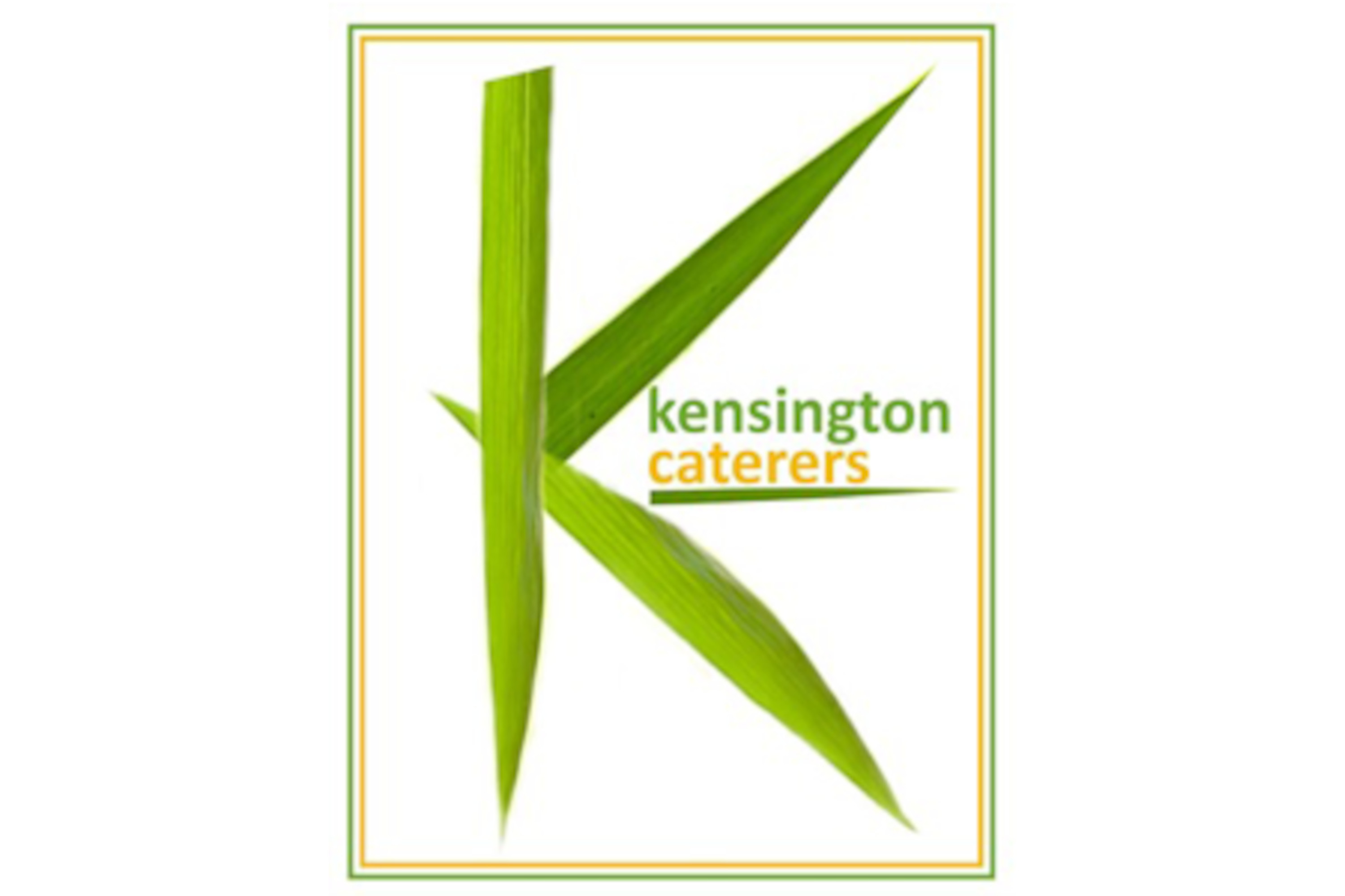 Image reads Kensington Caterers in green and yellow stylized text alongside a large K made of leaf-like or bamboo green strokes.