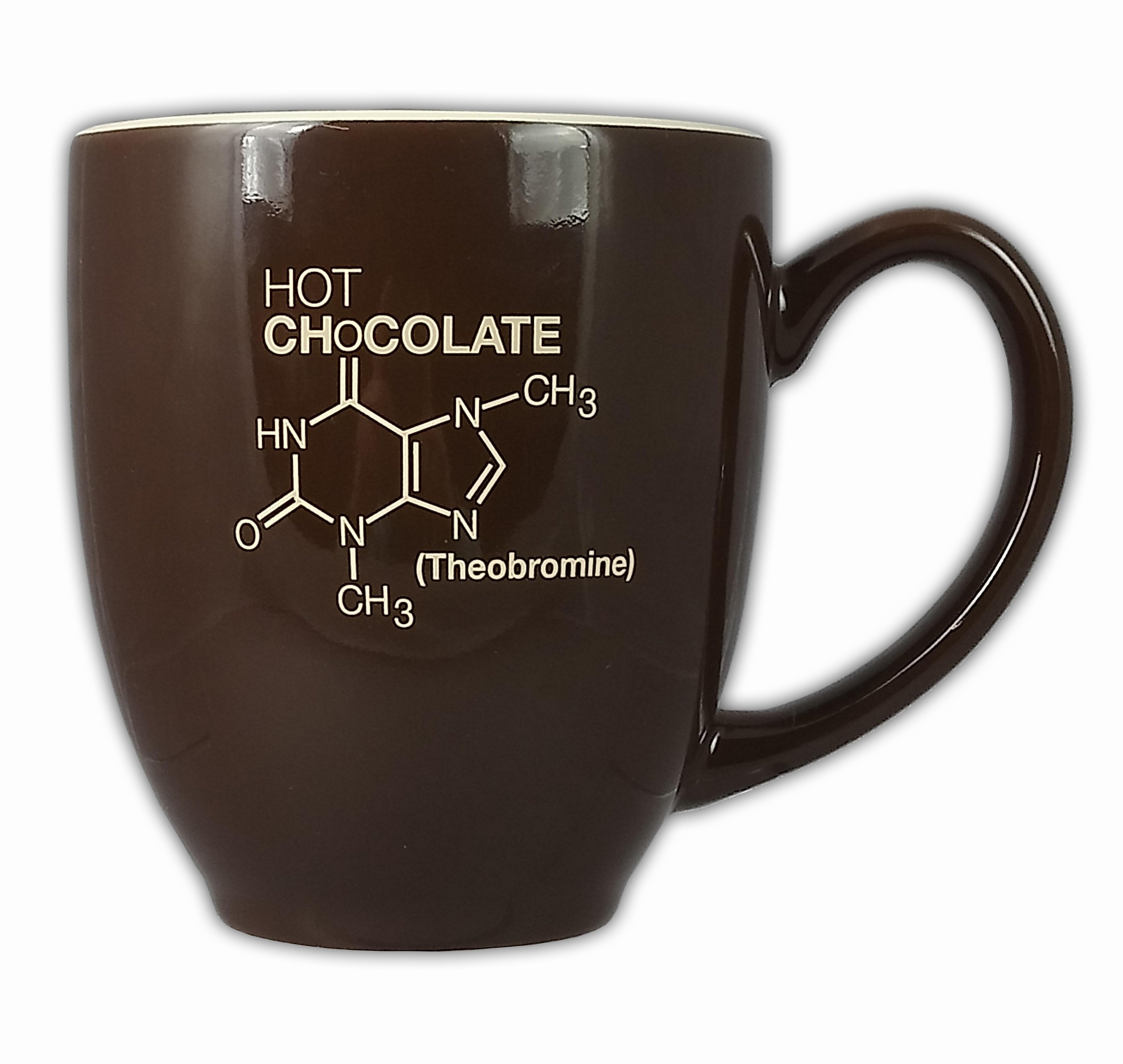 15oz brown mug displaying the molecular representation of the Theobromine molecule on one side and the California science Center logo on the other.