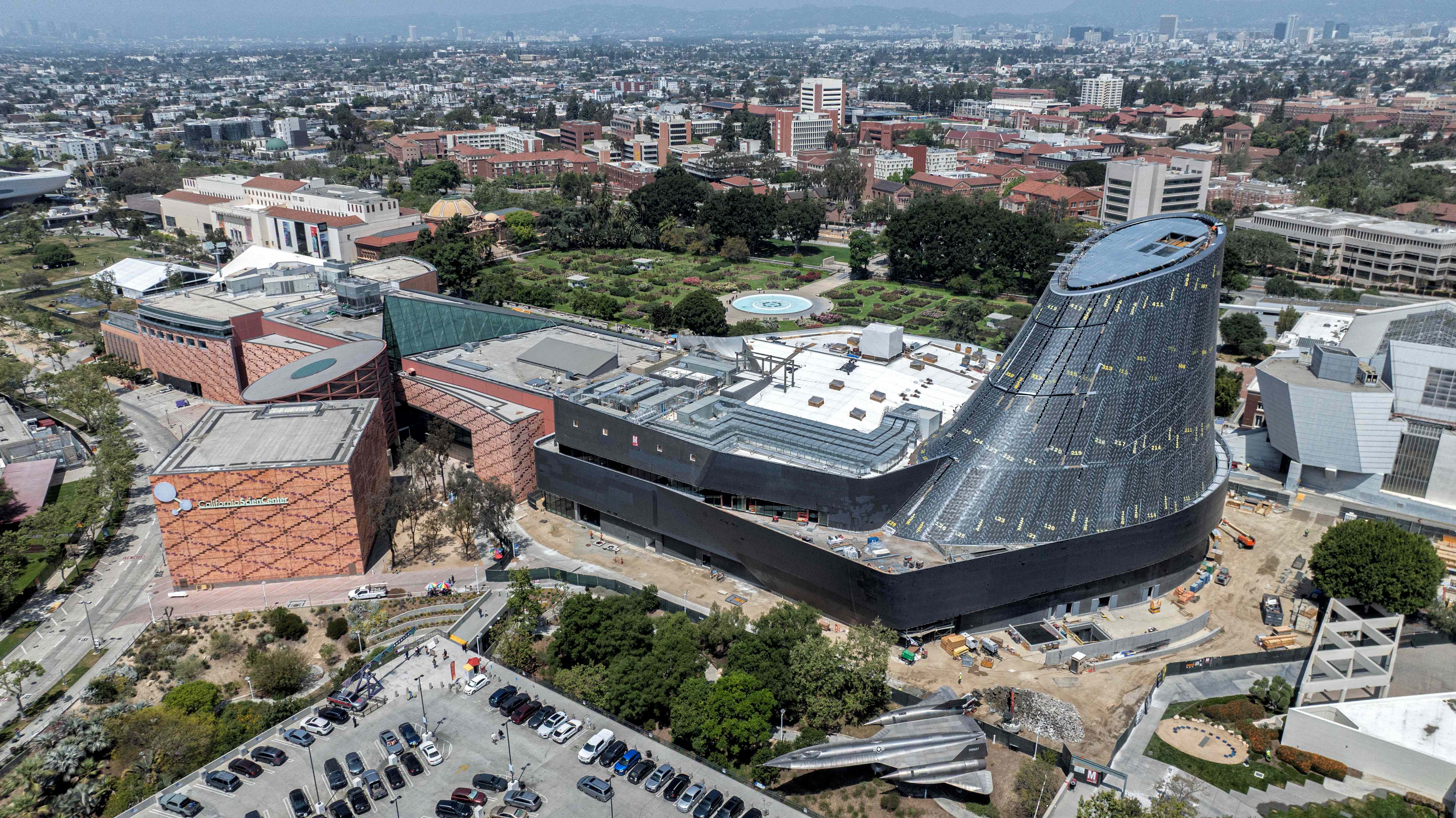 Exterior shot of Samuel Oschin Air and Space Center under construction in April 2025