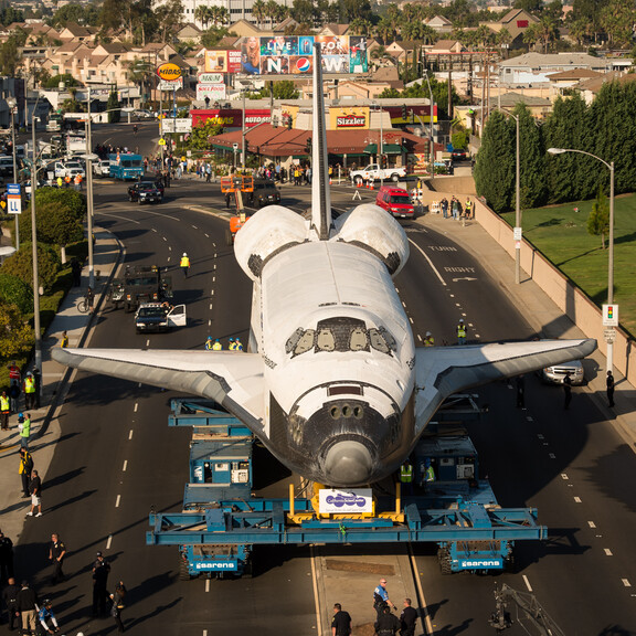 Space shuttle Endeavour parked on a city street