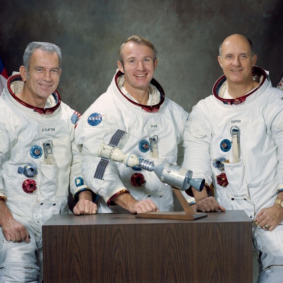 portrait of three NASA astronauts (left to right: Deke Slayton, Vance Brand, and Thomas Stafford) for the 1975 Apollo-Soyuz mission