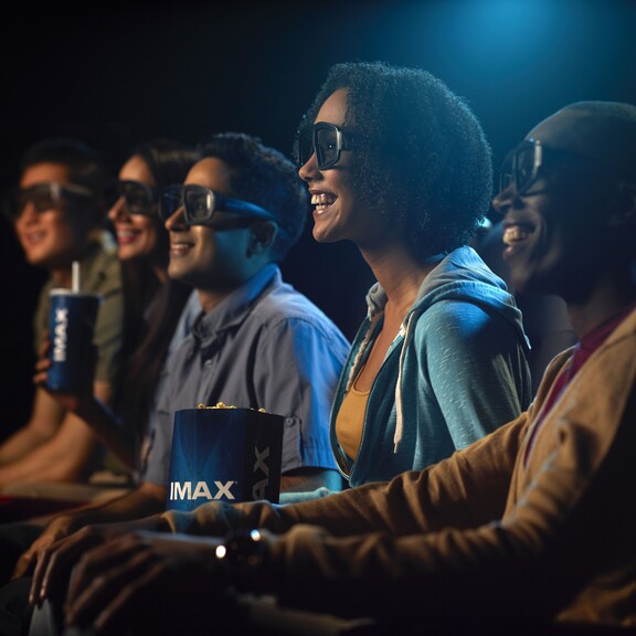Visitors wearing 3D glasses in their seats watching an IMAX movie