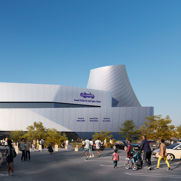 Architectural rendering of the Samuel Oschin Air and Space Center, as seen from the California Science Center's parking lot