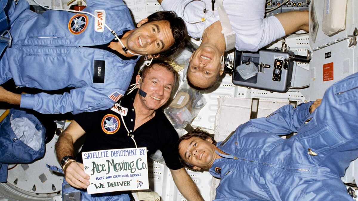  STS-5 crew onboard portrait on port side middeck 