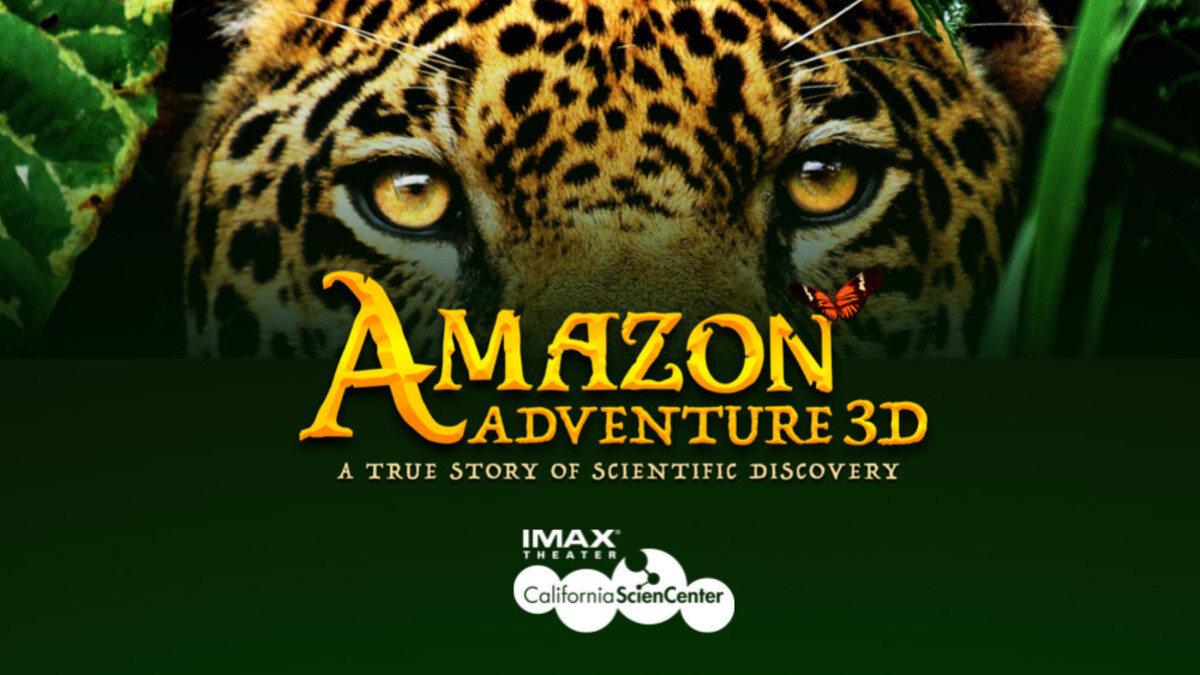 Jaguar peers through the brush of the Amazon Rainforest with "Amazon Adventure 3D" logo overlay and "A True Story of Scientific Adventure" subtitle