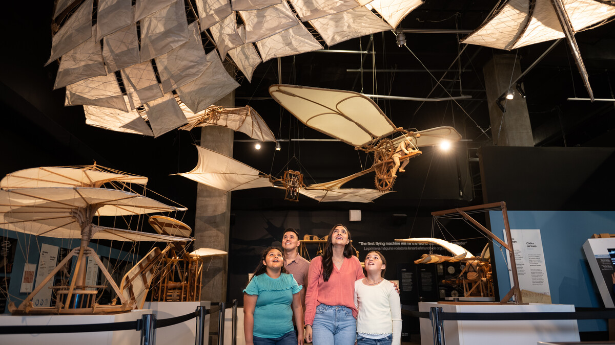 Guests walk under da Vinci's flight inventions.