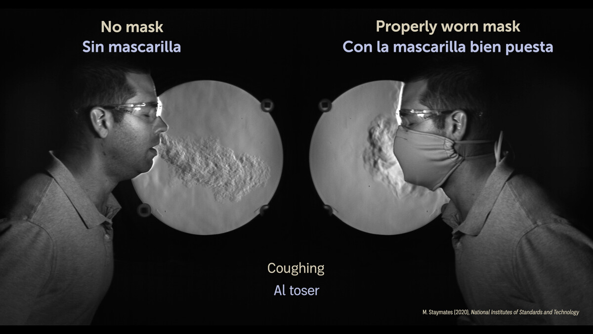 Two men facing each other are coughing. The man on the left is not wearing a mask, and his respiratory droplets easily escape his mouth. The man on the right is wearing a mask, and his droplets are largely trapped near his face.
