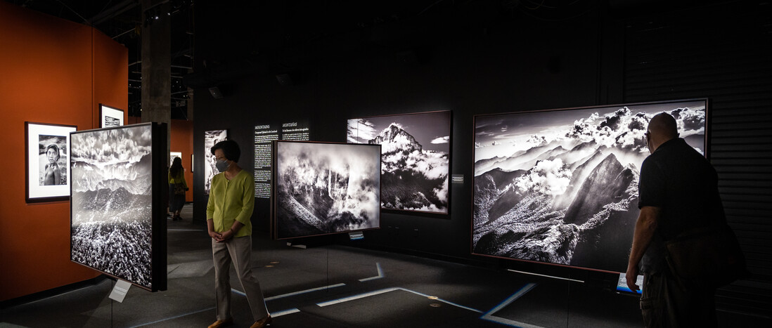 Guests observing black and white photos inside the Amazonia exhibition